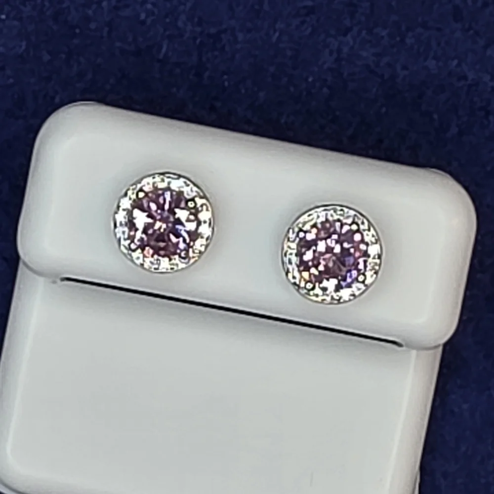 Pink Brilliant Round Moissanite Halo Stud Earrings Sterling Silver 527